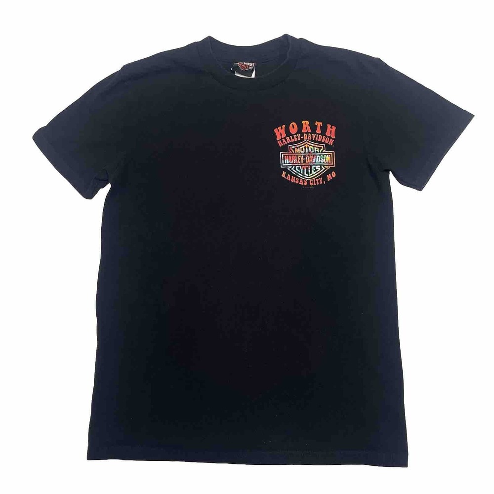 Harley Davidson Shirt Womens Medium Black Graphic Tee Tie-Dye Motorcycle Biker